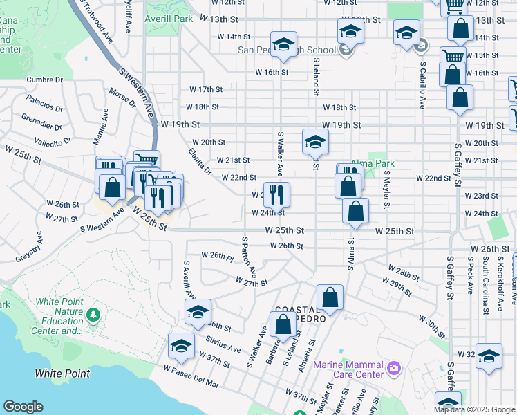 map of restaurants, bars, coffee shops, grocery stores, and more near 1258 West 24th Street in Los Angeles