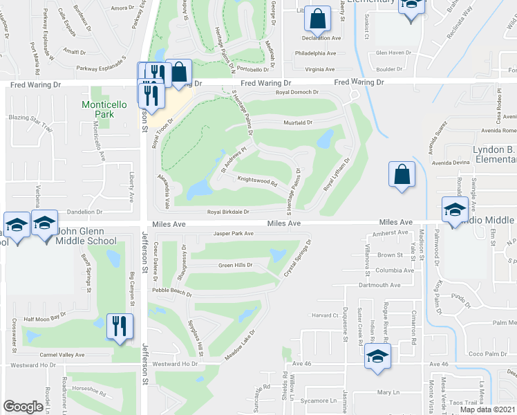 map of restaurants, bars, coffee shops, grocery stores, and more near 80206 Royal Birkdale Drive in Indio
