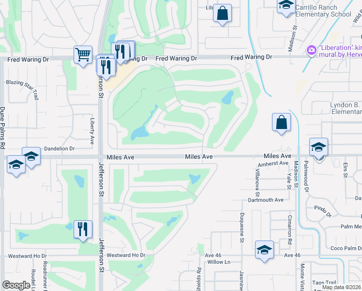 map of restaurants, bars, coffee shops, grocery stores, and more near 80206 Royal Birkdale Drive in Indio