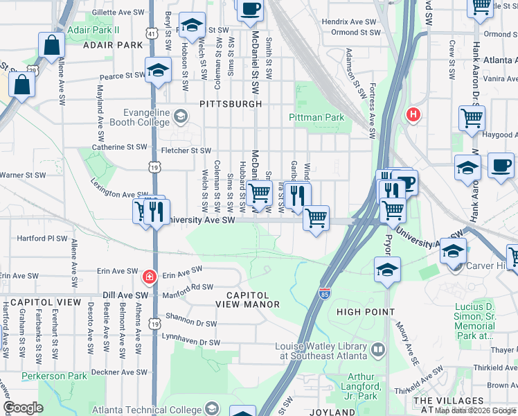 map of restaurants, bars, coffee shops, grocery stores, and more near 1169 McDaniel Street Southwest in Atlanta
