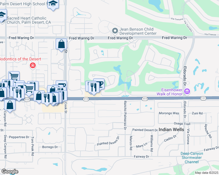 map of restaurants, bars, coffee shops, grocery stores, and more near 75405 Riviera Drive in Indian Wells