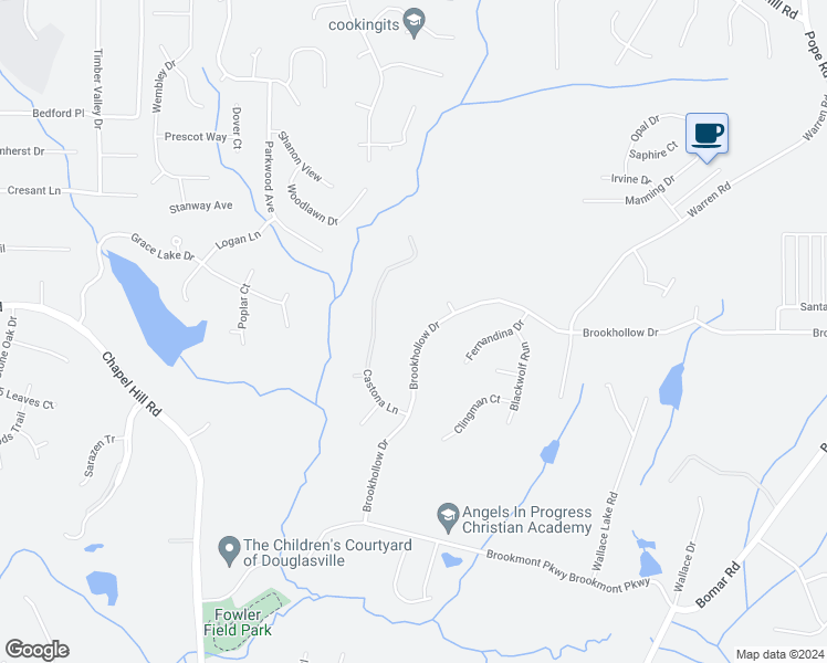 map of restaurants, bars, coffee shops, grocery stores, and more near 5286 Brookhollow Drive in Douglasville