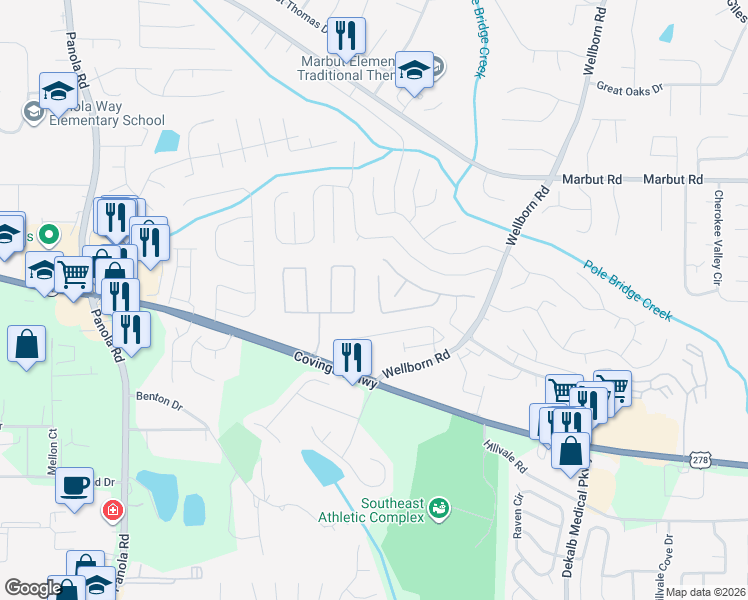map of restaurants, bars, coffee shops, grocery stores, and more near 5615 Windfall Lane in Lithonia