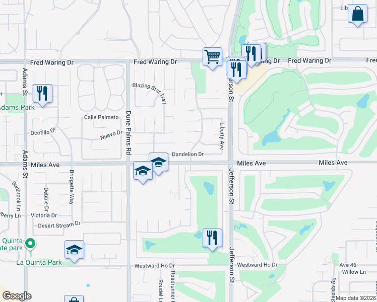map of restaurants, bars, coffee shops, grocery stores, and more near 79788 Dandelion Drive in La Quinta