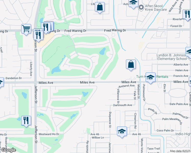 map of restaurants, bars, coffee shops, grocery stores, and more near 44405 Royal Lytham Drive in Indio