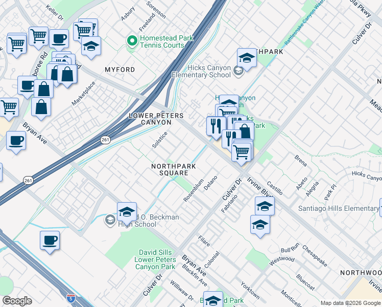 map of restaurants, bars, coffee shops, grocery stores, and more near 14 Thorn Hill in Irvine