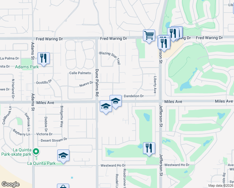 map of restaurants, bars, coffee shops, grocery stores, and more near 79598 Dandelion Drive in La Quinta