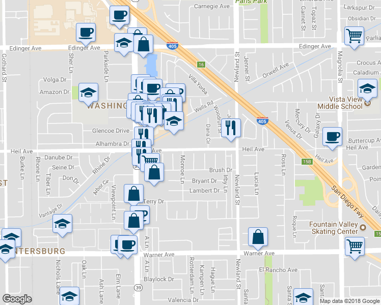 map of restaurants, bars, coffee shops, grocery stores, and more near 16502 Wheeler Circle in Huntington Beach