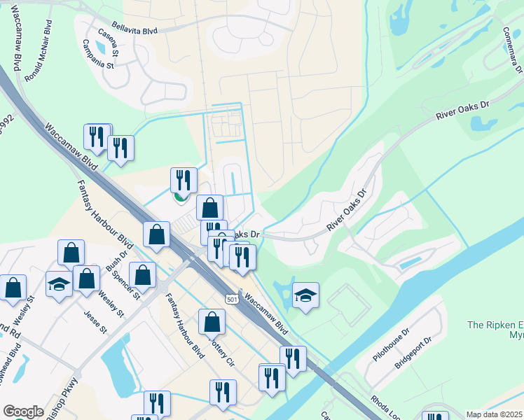 map of restaurants, bars, coffee shops, grocery stores, and more near 453 Red River Court in Myrtle Beach