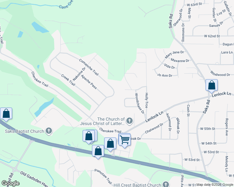 map of restaurants, bars, coffee shops, grocery stores, and more near 383 Autumn Lane in Anniston