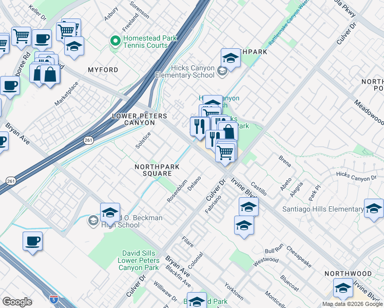 map of restaurants, bars, coffee shops, grocery stores, and more near 1 Dos Rios in Irvine