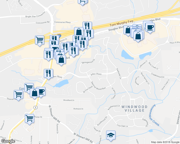 map of restaurants, bars, coffee shops, grocery stores, and more near 6972 Springwood Drive in Douglasville