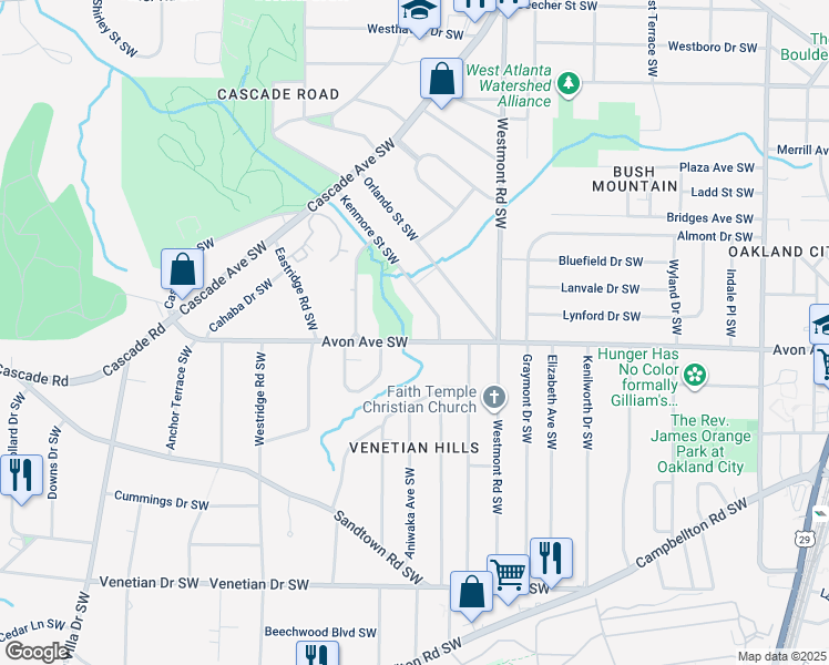 map of restaurants, bars, coffee shops, grocery stores, and more near 1621 Avon Avenue Southwest in Atlanta