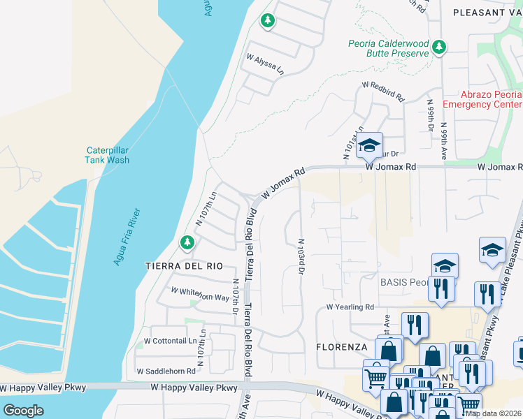 map of restaurants, bars, coffee shops, grocery stores, and more near 26300 North 106th Drive in Peoria