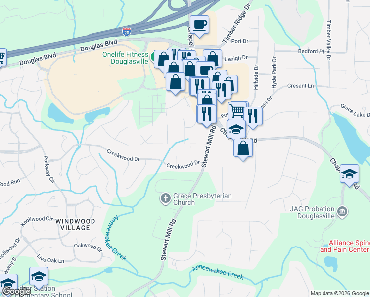 map of restaurants, bars, coffee shops, grocery stores, and more near 4955 Heritage Valley Drive in Douglasville