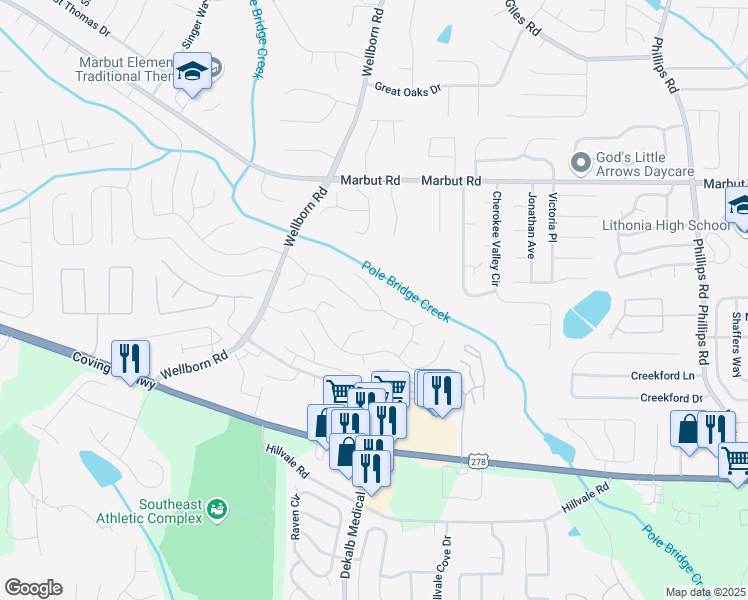 map of restaurants, bars, coffee shops, grocery stores, and more near 2239 Lowtrail Court in Lithonia