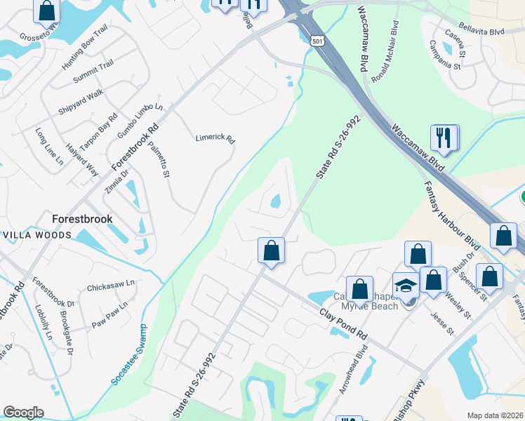 map of restaurants, bars, coffee shops, grocery stores, and more near 186 Rocko Drive in Myrtle Beach