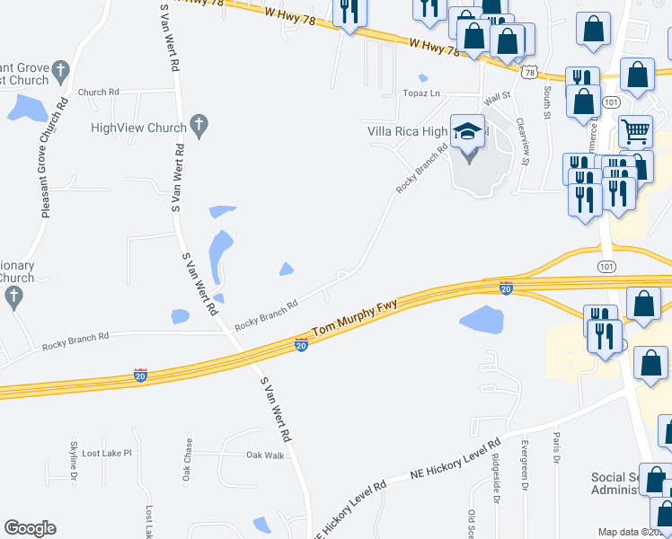 map of restaurants, bars, coffee shops, grocery stores, and more near 1005 Rocky Branch Road in Villa Rica