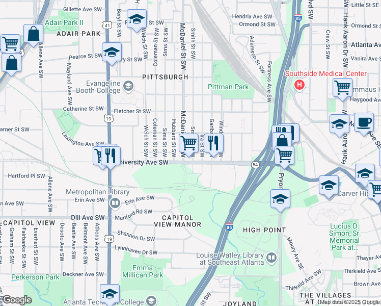 map of restaurants, bars, coffee shops, grocery stores, and more near 1177 Smith Street Southwest in Atlanta