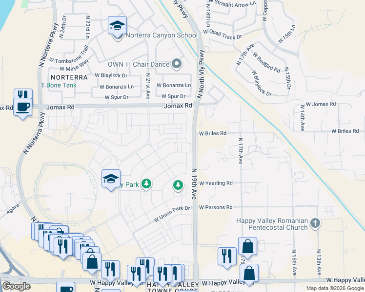 map of restaurants, bars, coffee shops, grocery stores, and more near 26202-26304 North 19th Avenue in Phoenix