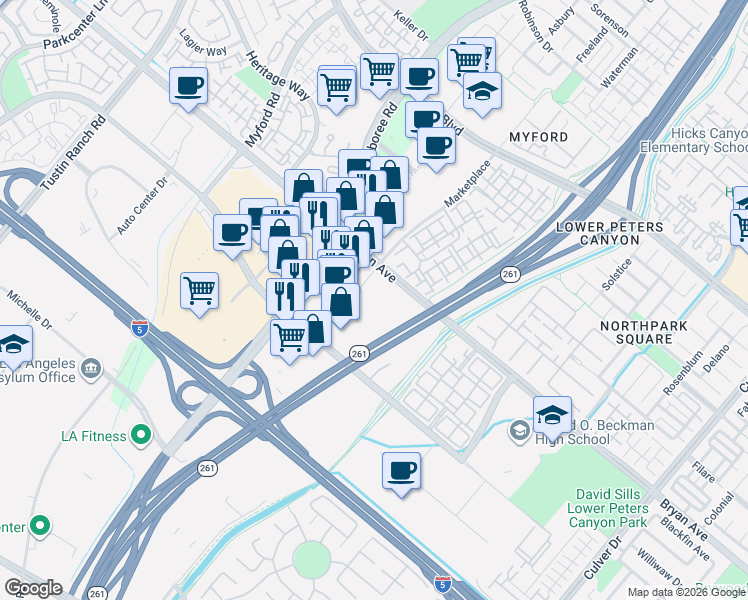 map of restaurants, bars, coffee shops, grocery stores, and more near 13762 Jamboree Road in Irvine
