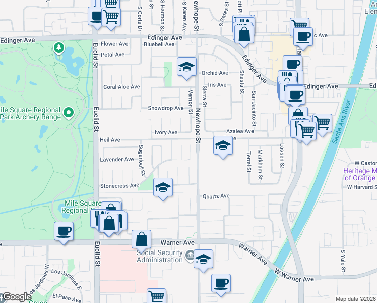 map of restaurants, bars, coffee shops, grocery stores, and more near 16551 Mount Cook Circle in Fountain Valley