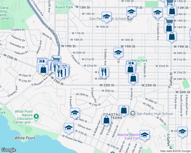 map of restaurants, bars, coffee shops, grocery stores, and more near 1273 West 23rd Street in Los Angeles