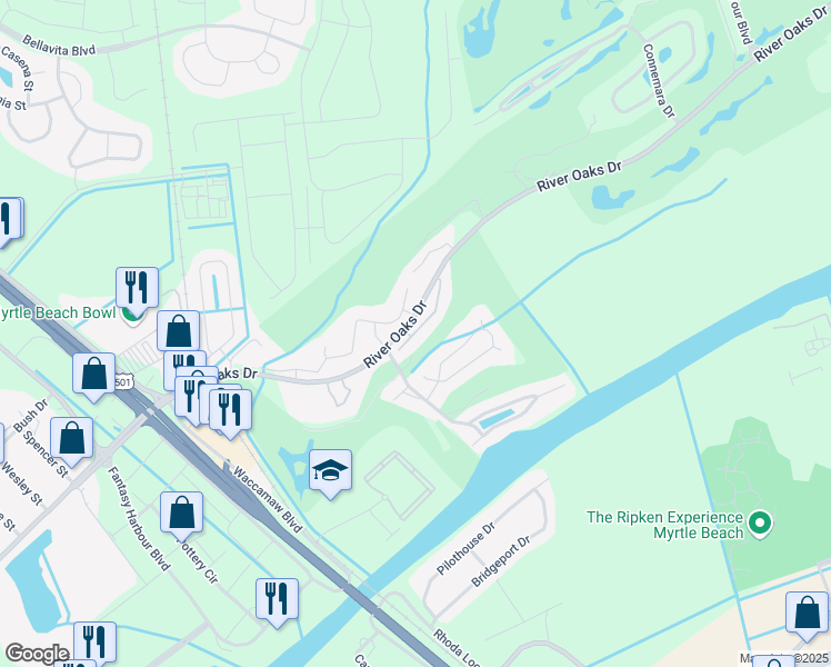 map of restaurants, bars, coffee shops, grocery stores, and more near 624D River Oaks Drive in Myrtle Beach