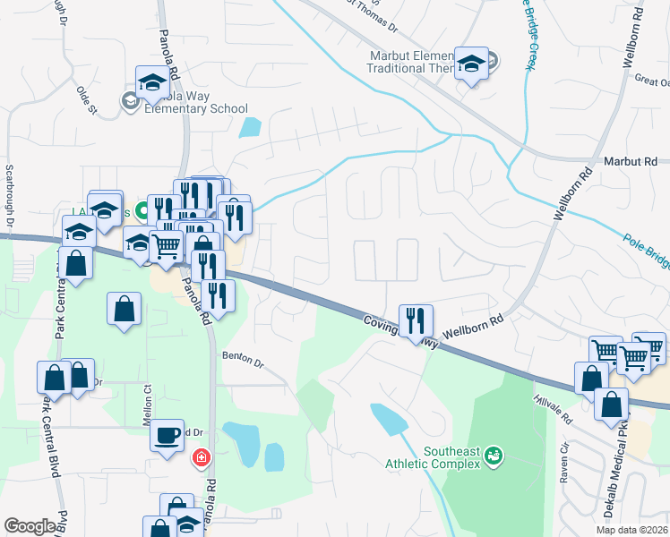 map of restaurants, bars, coffee shops, grocery stores, and more near 2285 Briar Knoll Road in Lithonia