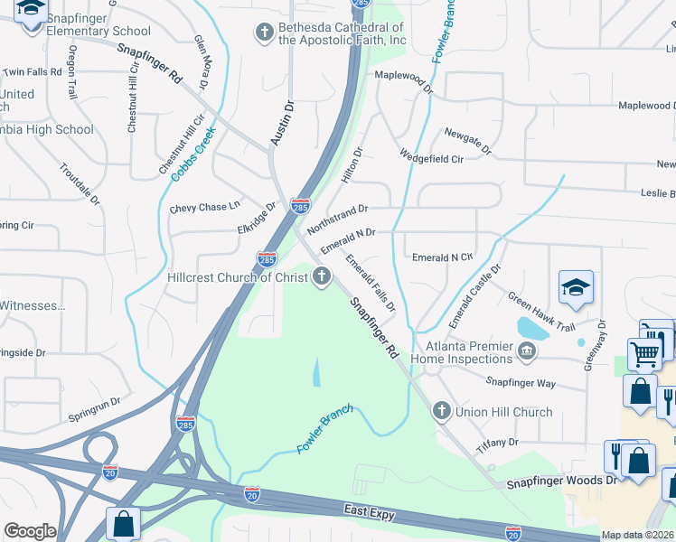 map of restaurants, bars, coffee shops, grocery stores, and more near 1894 Snapfinger Road in Decatur