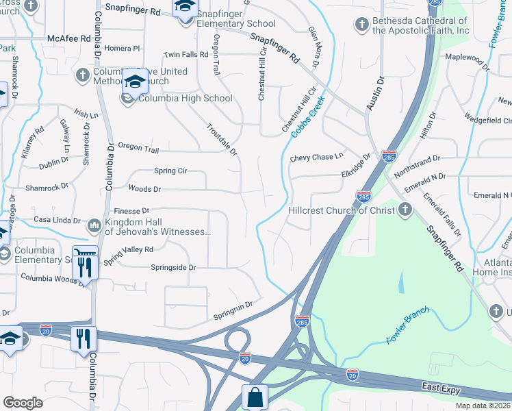 map of restaurants, bars, coffee shops, grocery stores, and more near 2268 Troutdale Drive in Decatur