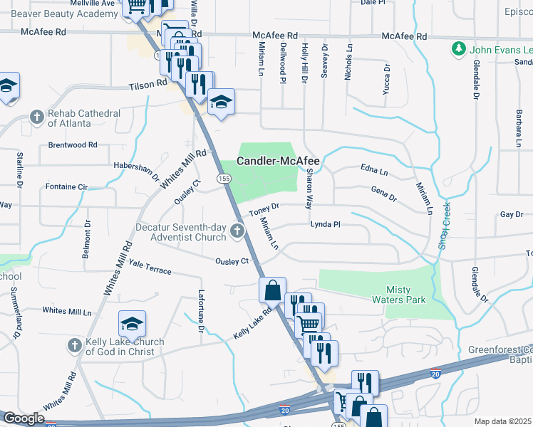 map of restaurants, bars, coffee shops, grocery stores, and more near 2785 Toney Drive in Decatur
