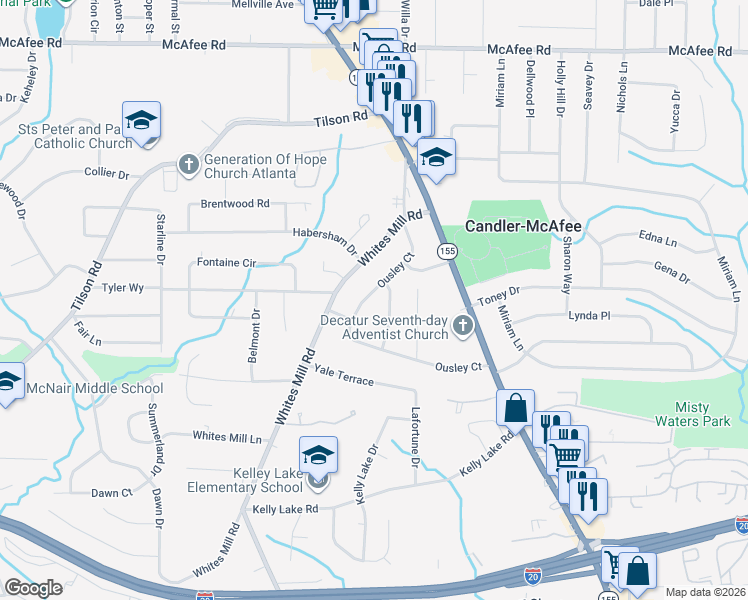map of restaurants, bars, coffee shops, grocery stores, and more near 2296 Ousley Court in Decatur