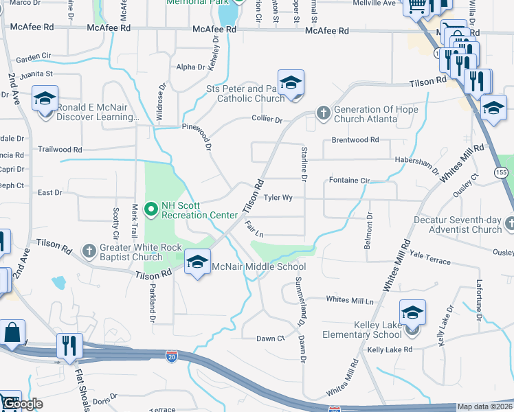 map of restaurants, bars, coffee shops, grocery stores, and more near in Candler-McAfee