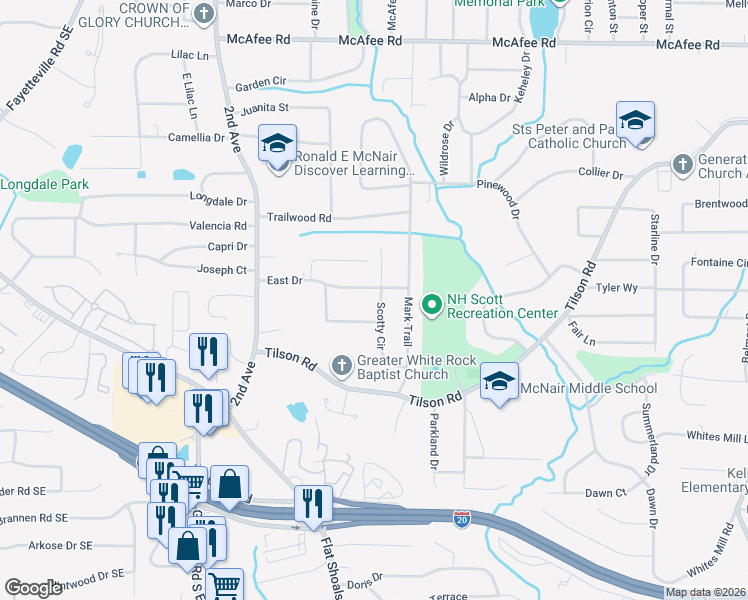 map of restaurants, bars, coffee shops, grocery stores, and more near 2127 East Drive in Decatur
