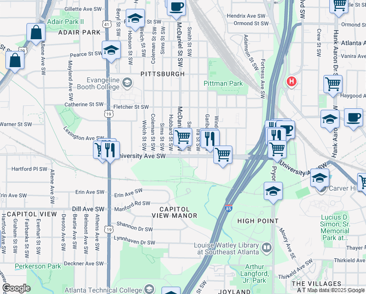map of restaurants, bars, coffee shops, grocery stores, and more near 1169 McDaniel Street Southwest in Atlanta