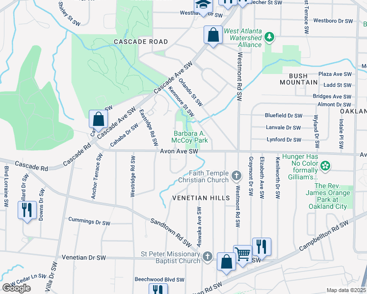 map of restaurants, bars, coffee shops, grocery stores, and more near 1188 Chatham Avenue Southwest in Atlanta