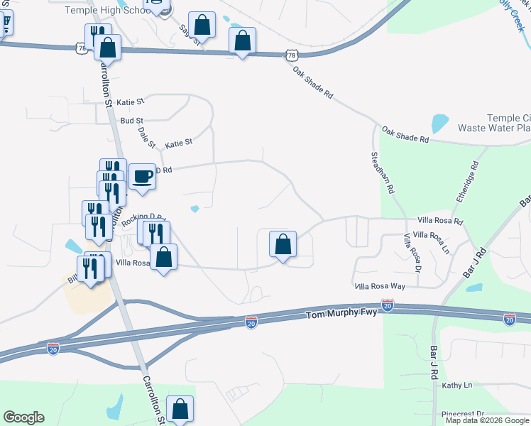 map of restaurants, bars, coffee shops, grocery stores, and more near 126 Breckenridge Pointe in Temple