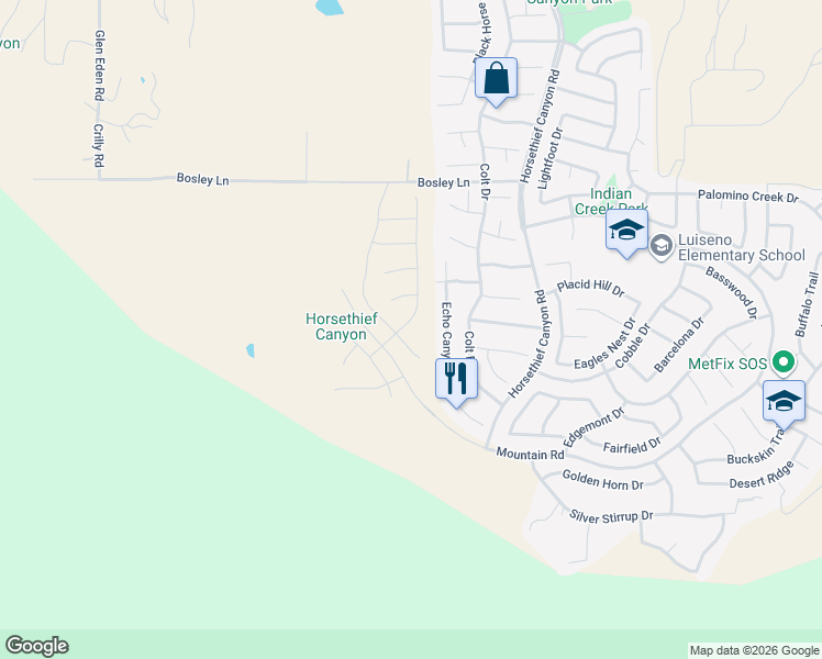 map of restaurants, bars, coffee shops, grocery stores, and more near 27283 Echo Canyon Court in Corona