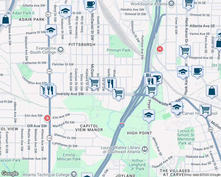 map of restaurants, bars, coffee shops, grocery stores, and more near 1176 Garibaldi Street Southwest in Atlanta