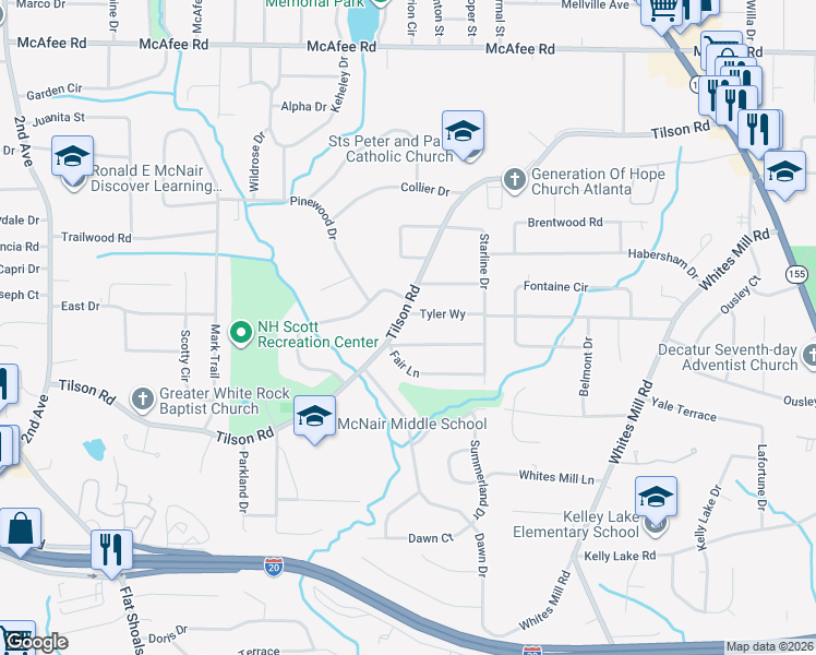 map of restaurants, bars, coffee shops, grocery stores, and more near in Candler-McAfee