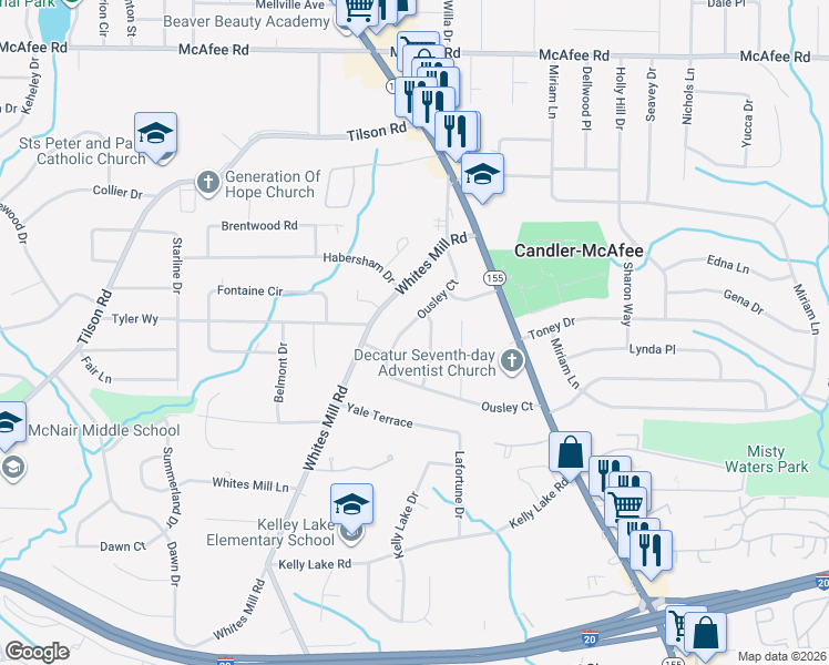 map of restaurants, bars, coffee shops, grocery stores, and more near 2296 Ousley Court in Decatur