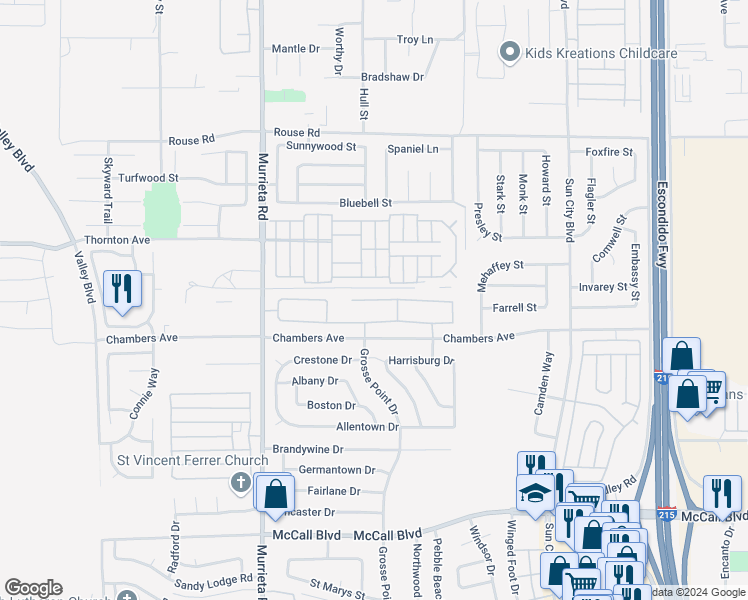 map of restaurants, bars, coffee shops, grocery stores, and more near 26244 Leos Trail in Menifee