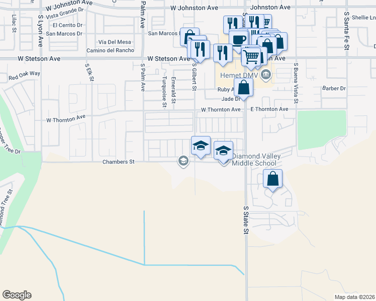 map of restaurants, bars, coffee shops, grocery stores, and more near 1457 Martinique Drive in Hemet