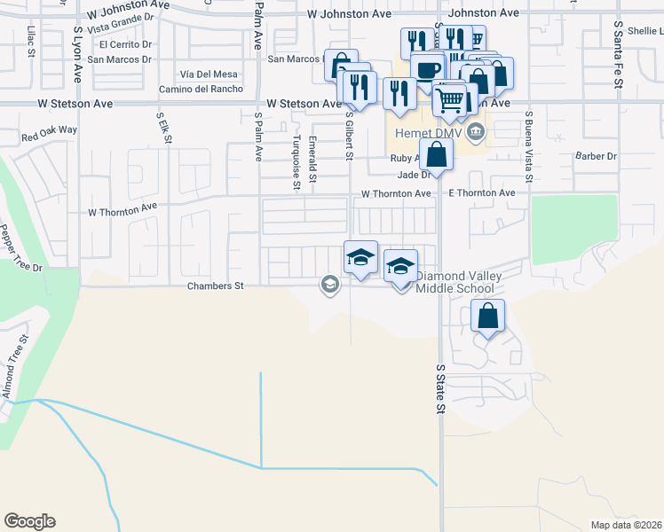 map of restaurants, bars, coffee shops, grocery stores, and more near 1456 Saint Croix Drive in Hemet