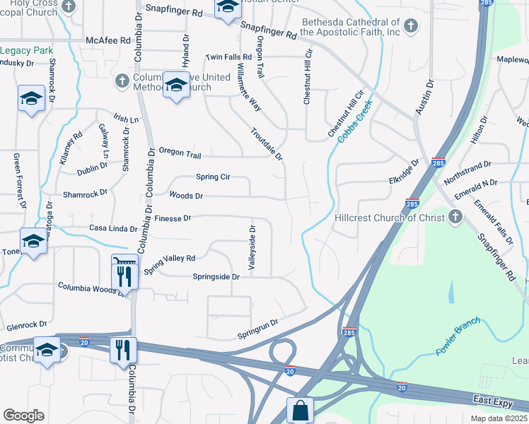 map of restaurants, bars, coffee shops, grocery stores, and more near 3556 Finesse Drive in Decatur