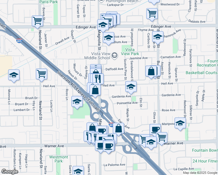 map of restaurants, bars, coffee shops, grocery stores, and more near 9077 Maza Circle in Fountain Valley