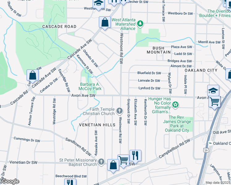 map of restaurants, bars, coffee shops, grocery stores, and more near 1534 Orlando Street Southwest in Atlanta