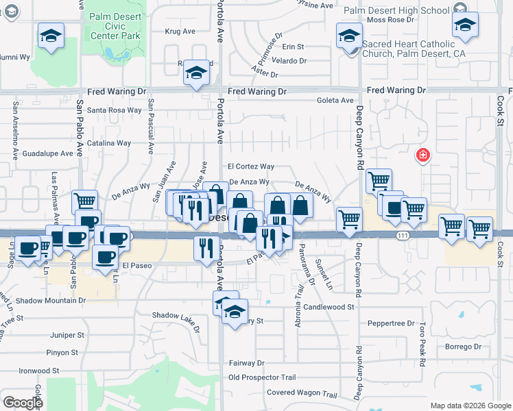map of restaurants, bars, coffee shops, grocery stores, and more near 74125 San Marino Way in Palm Desert
