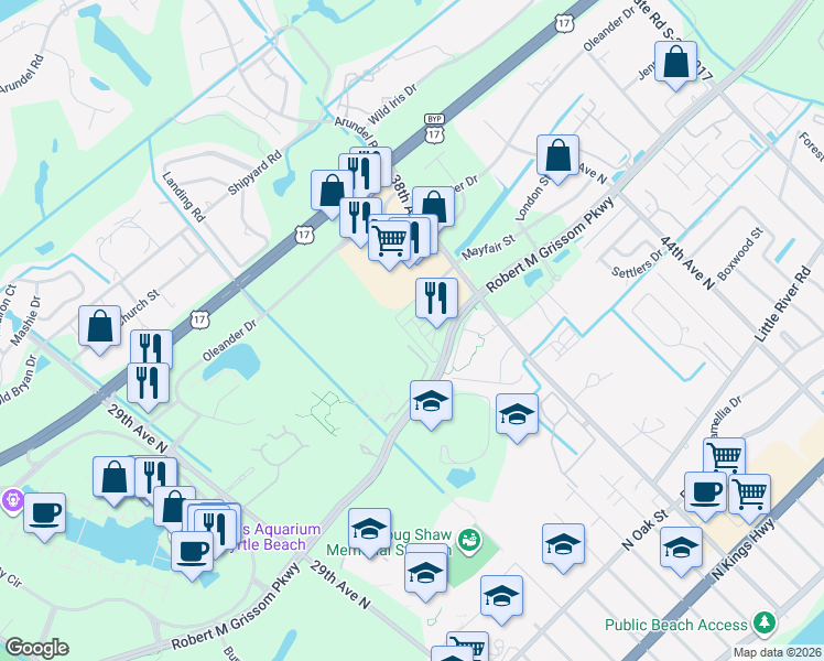 map of restaurants, bars, coffee shops, grocery stores, and more near 3533 Alexandria Avenue in Myrtle Beach